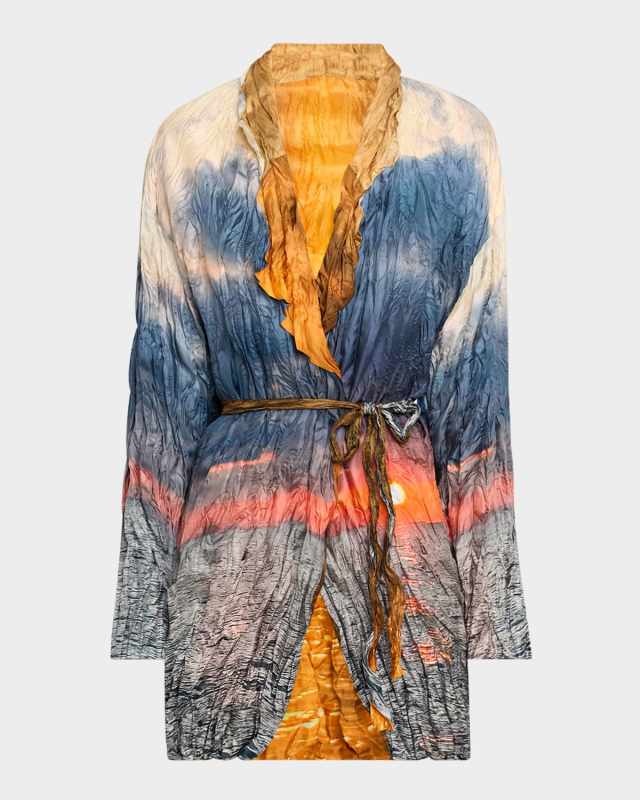 Sunrise-Print Pleated Belted Jacket